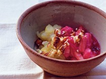Apple and rhubarb purée with almond brittle