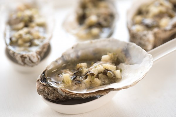 Apple and scallion oyster ceviche