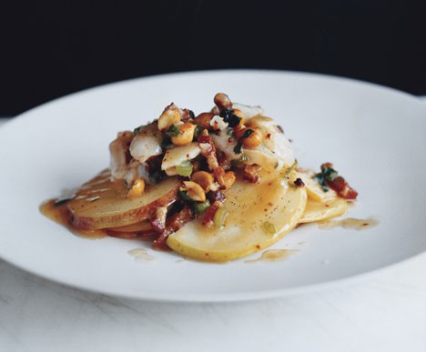 Apple and smoked-bacon salad with lychees and chili nuts