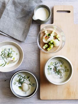 Apple and sour cream soup with cucumber, mint, and lychees