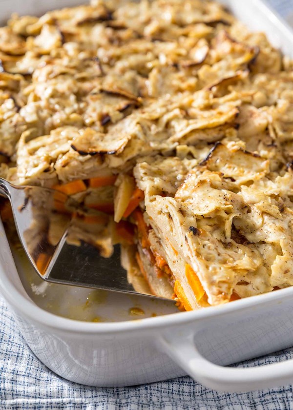 Apple and sweet potato matzo bake