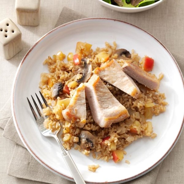 Apple-balsamic pork chops & rice