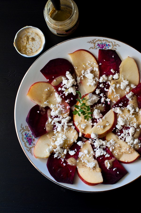 Apple beetroot carpaccio salad with mustard and feta