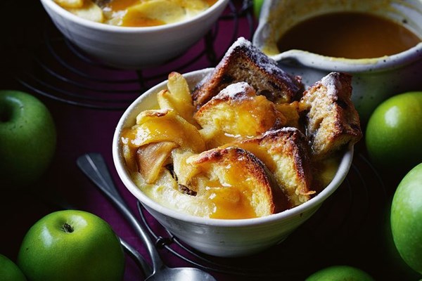 Apple bread and butter pudding with apple core caramel