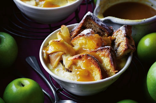 Apple bread and butter pudding with apple core caramel