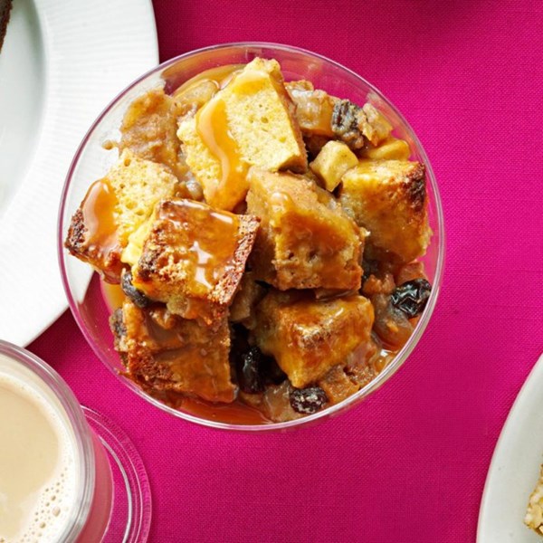 Apple bread pudding with caramel sauce