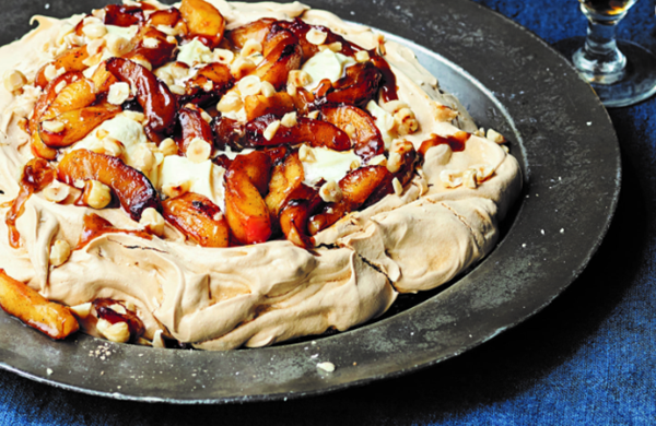 Apple, butterscotch and hazelnut Pavlova with boozy cream