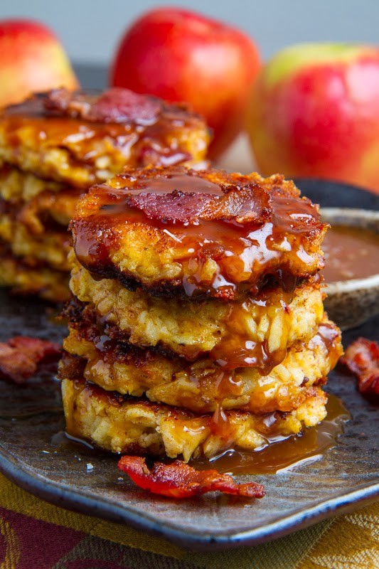 Apple, cheddar and bacon fritters in caramel sauce