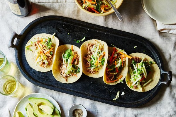 Apple cider-ginger braised pork shoulder tacos with apple-cabbage slaw