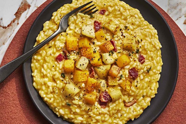 Apple cider risotto with bacon and butternut squash