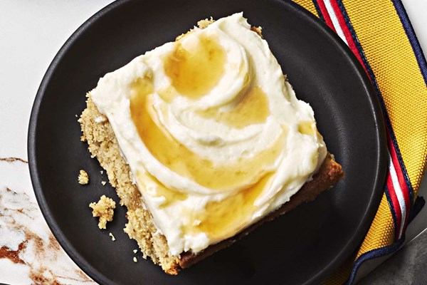 Apple cider snacking cake with maple-cream cheese frosting