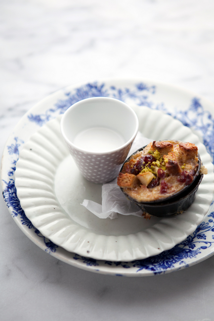 Apple, cranberry and brioche bread pudding
