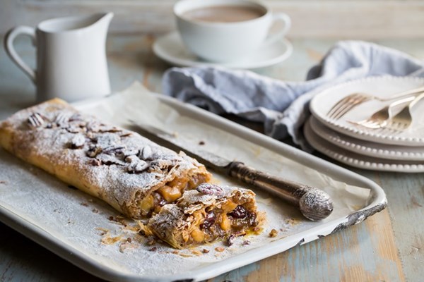 Apple, cranberry and pecan strudel