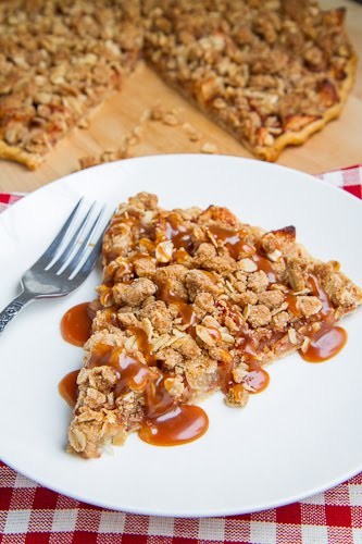 Apple crisp pizza with caramel sauce