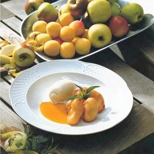 Apple fritters with apricot sauce and vanilla ice-cream