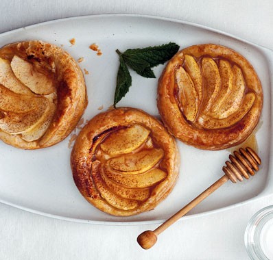 Apple, goat cheese, and honey tartlets