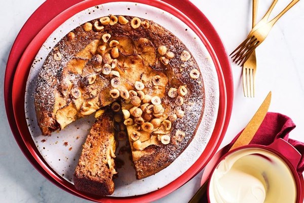 Apple hazelnut cake with caramel custard