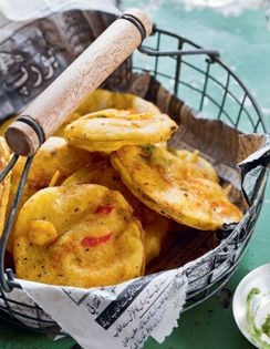 Apple pakoras spiced with chaat masala