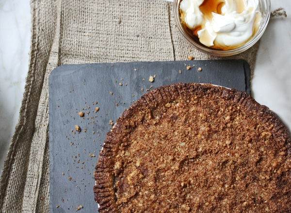 Apple, pear, and sage pie with maple walnut crunch and salted honey yogurt