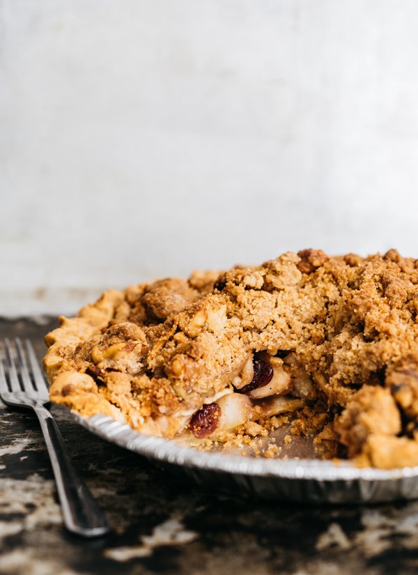 Apple pear cranberry pie with brown sugar walnut crumb topping