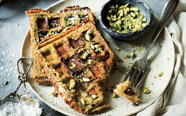 Apple-pistachio waffled French toast