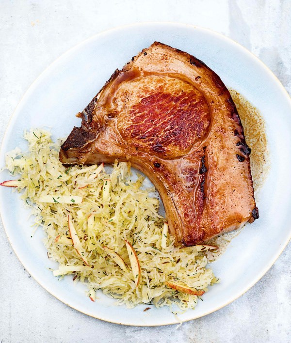 Apple pork chops with sauerkraut slaw