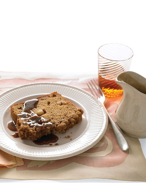 Apple quick bread with oatmeal-walnut crumble and caramel sauce