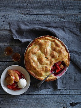 Apple, rhubarb and raspberry pie with toasted almond ice-cream