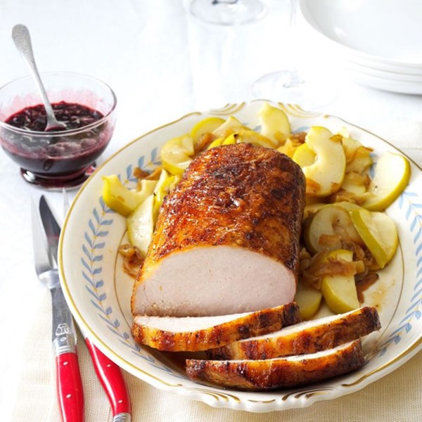 Apple roasted pork with cherry balsamic glaze