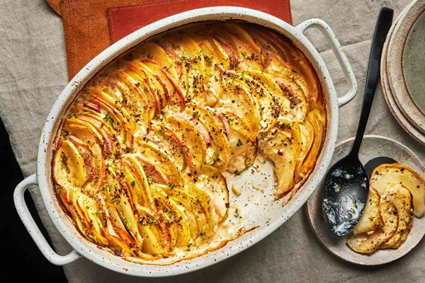 Apple, shallot, and potato gratin