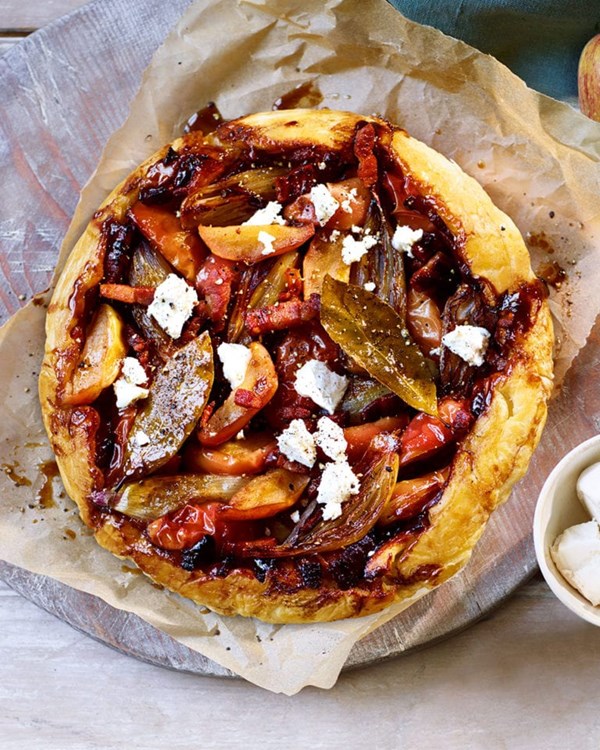 Apple, shallot, bacon and bay tarte Tatin