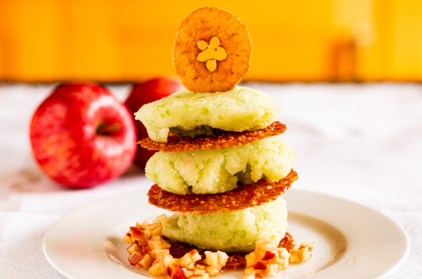Apple sorbet with praline crisps and cider syrup
