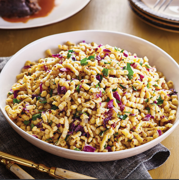 Apple spaetzle with mustard & red cabbage