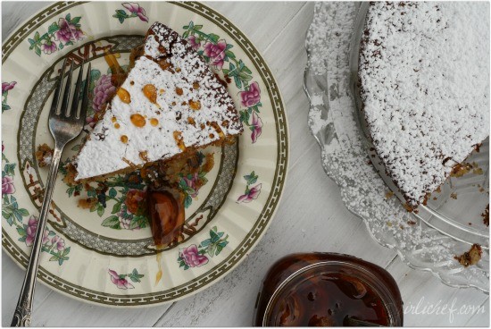 Apple spice cake with roasted garlic plus honey-poached garlic sauce