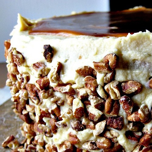 Apple-spice layer cake with caramel swirl icing