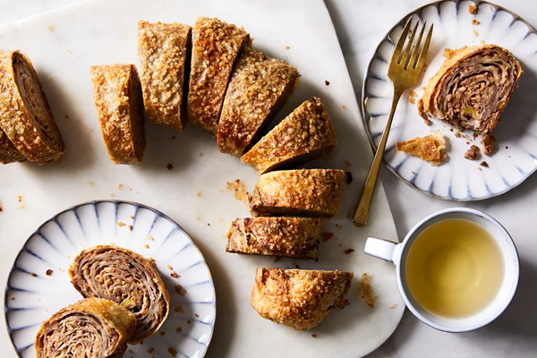 Apple strudel with candied pecans & apricots