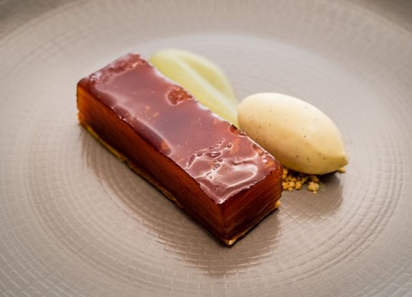 Apple tarte Tatin with vanilla ice cream and apple purée