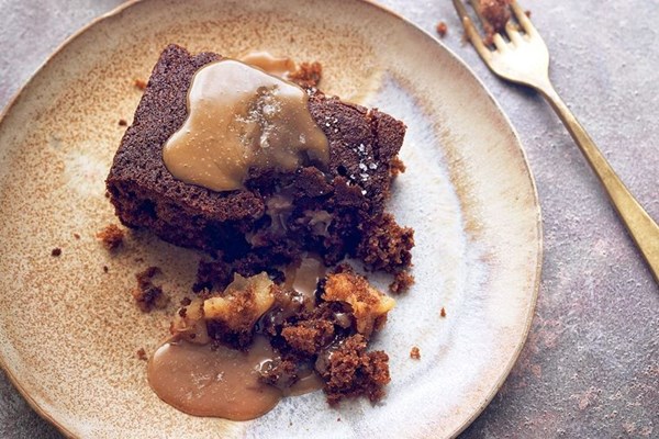 Apple treacle cake with Calvados-butterscotch sauce