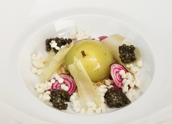 Apple with caviar and iced almond