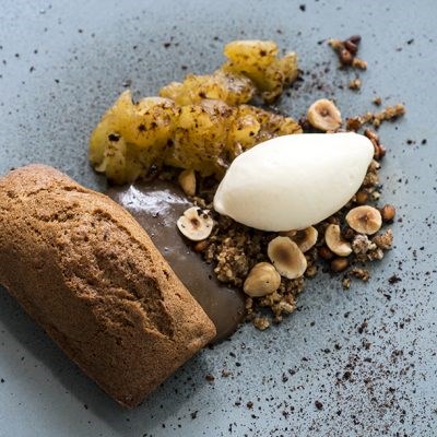 Apples, apple cake, porter fudge caramel, and hazelnut granola