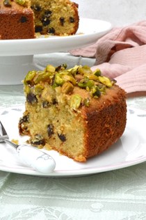 Apricot almond cake with a sticky pistachio topping