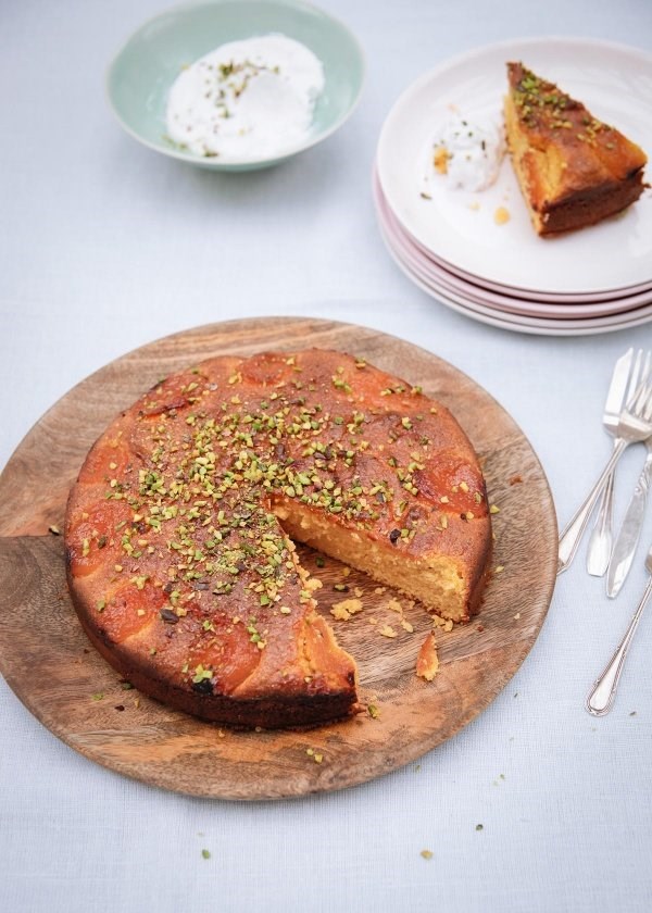 Apricot almond cake with rosewater and cardamom