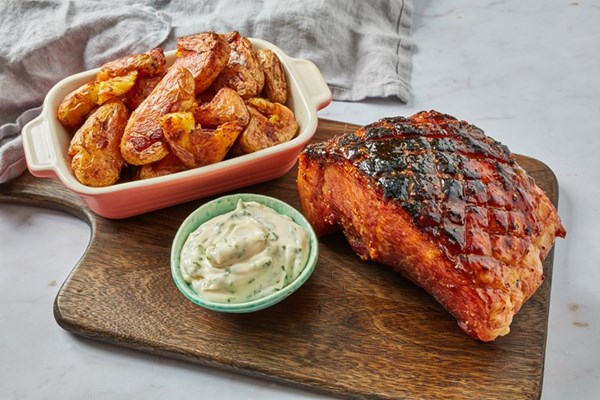 Apricot and mustard-glazed ham with smashed roast potatoes [tarragon mayonnaise]