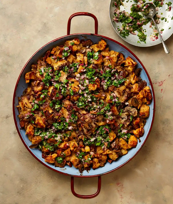 Apricot and pecan stuffing with green sauce