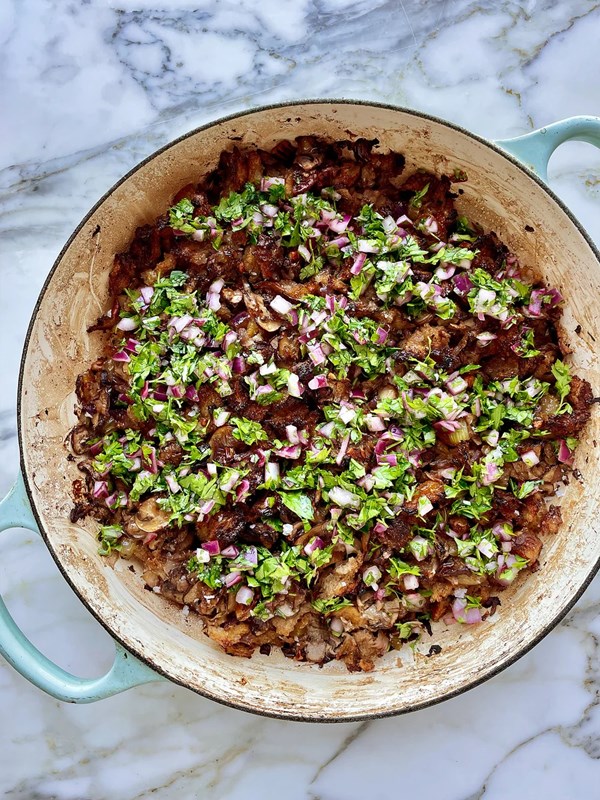Apricot and pecan stuffing with green sauce