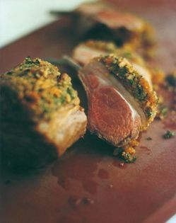 Apricot and pine nut rack of lamb with soft onions