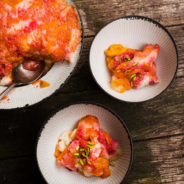 Apricot and raspberry bread pudding