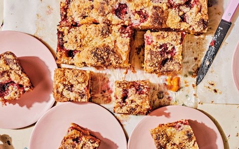 Apricot and raspberry buckle cake