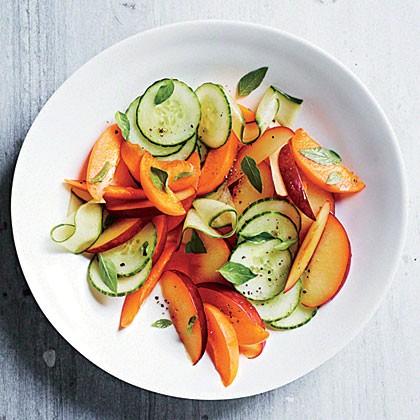 Apricot, cucumber, pluot, and lime basil salad