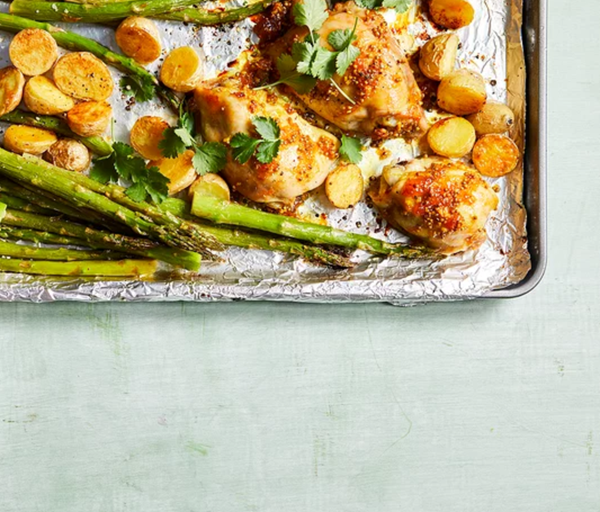 Apricot-curry glazed chicken with potatoes and asparagus